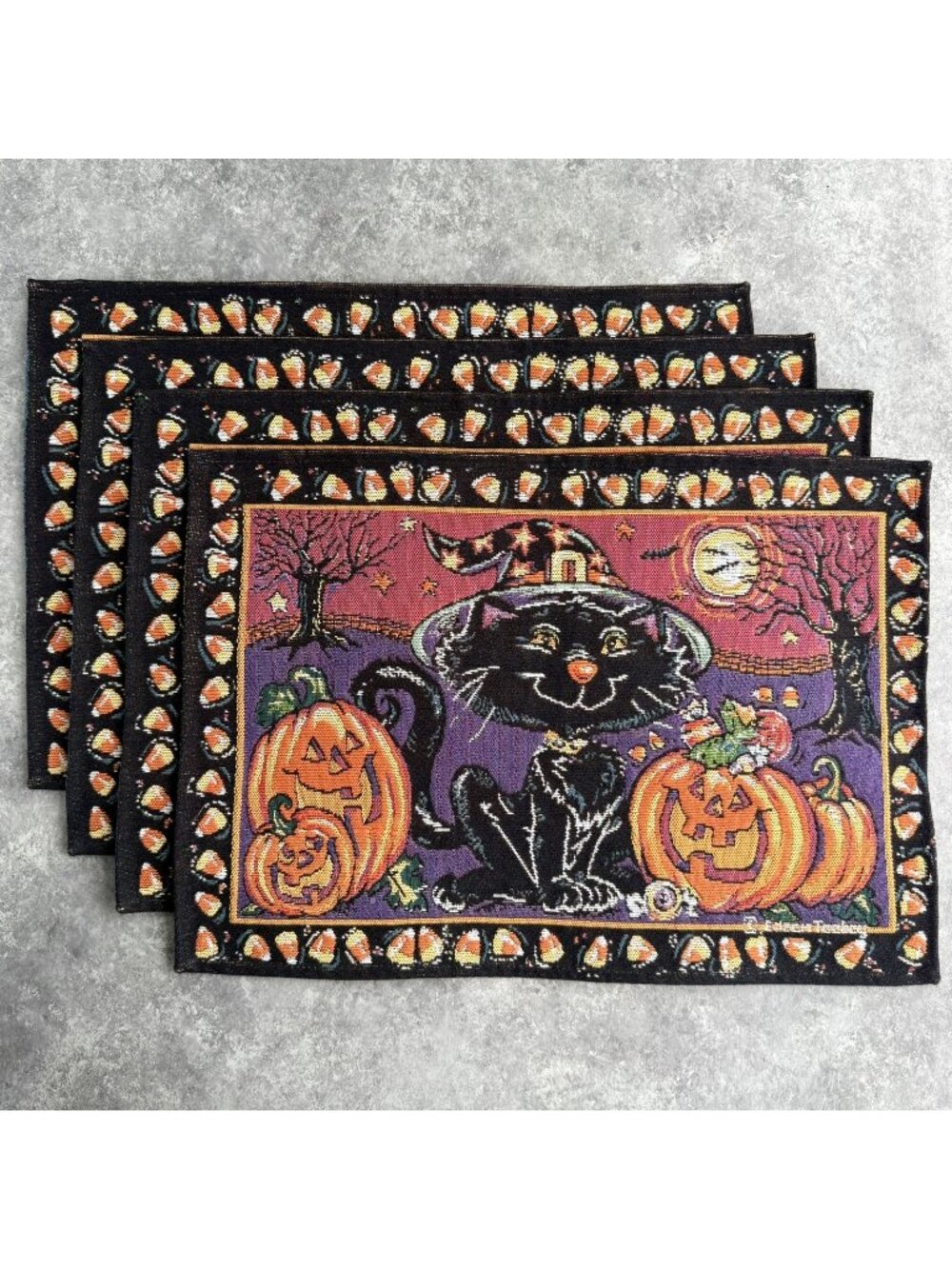 VTG 90s Eileen Toohey Black Cat Pumpkins Halloween Tapestry Placemats Set of 4